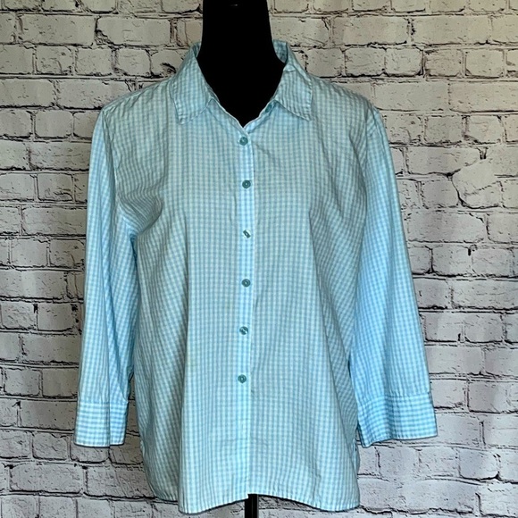 Studio Works Light Blue Check 3/4 Sleeve Wrinkle Free Button Down Sz Large EUC - Picture 1 of 12